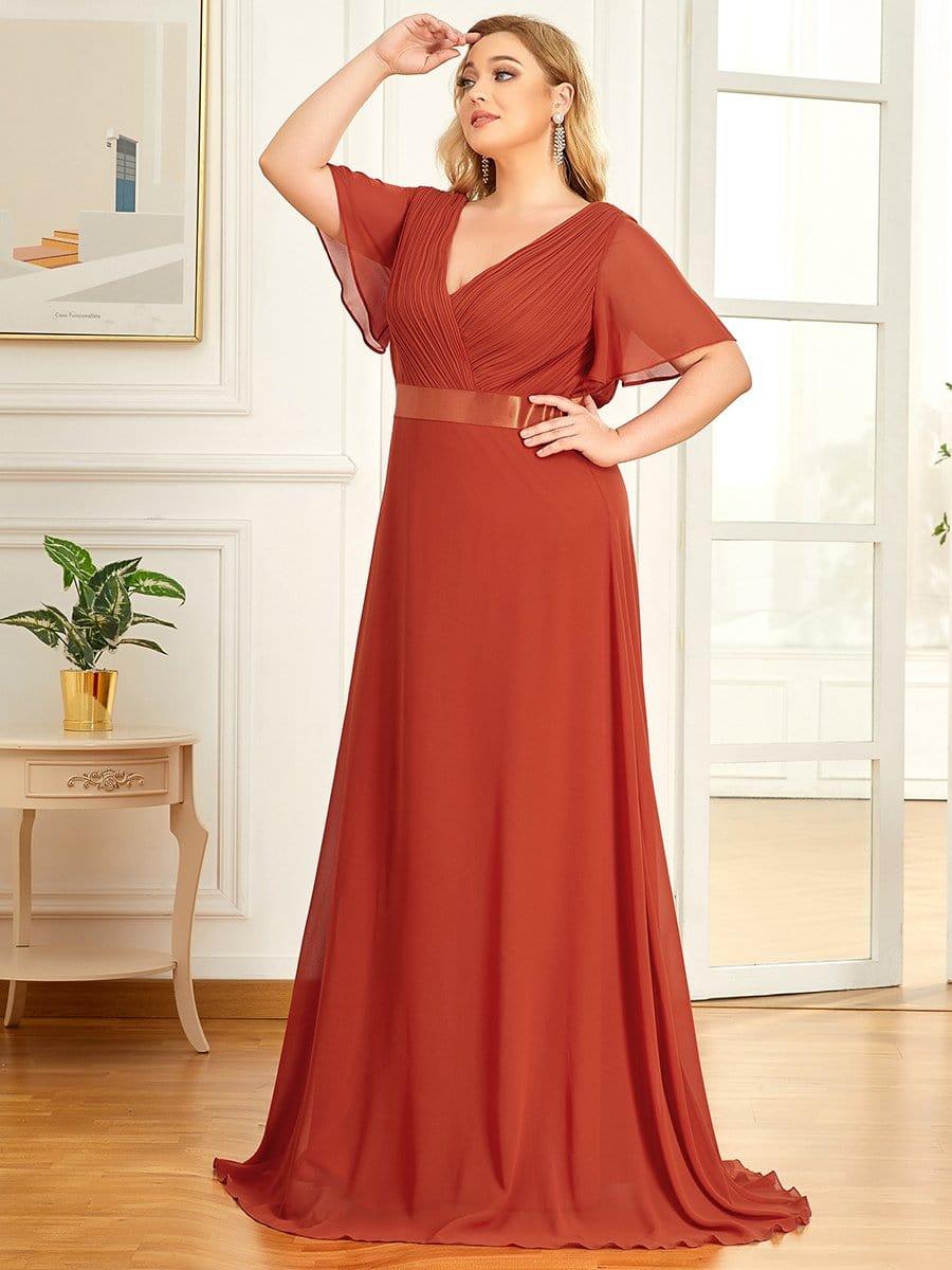 Plus Size A-Line Empire-Waist Short Sleeve Chiffon Evening Dress