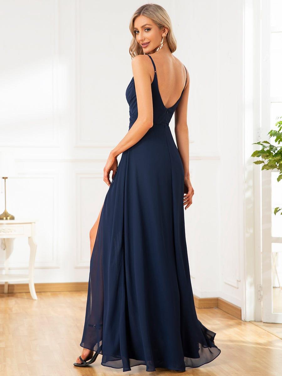 Spaghetti Straps A-Line V-Neck Sleeveless High Slit Long Bridesmaid Dress
