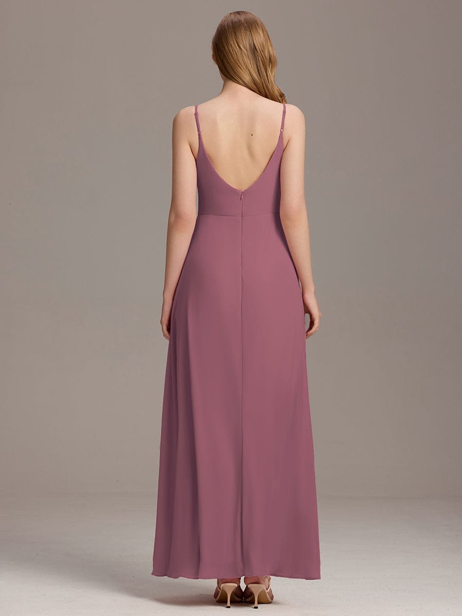 Spaghetti Straps A-Line V-Neck Sleeveless High Slit Long Bridesmaid Dress