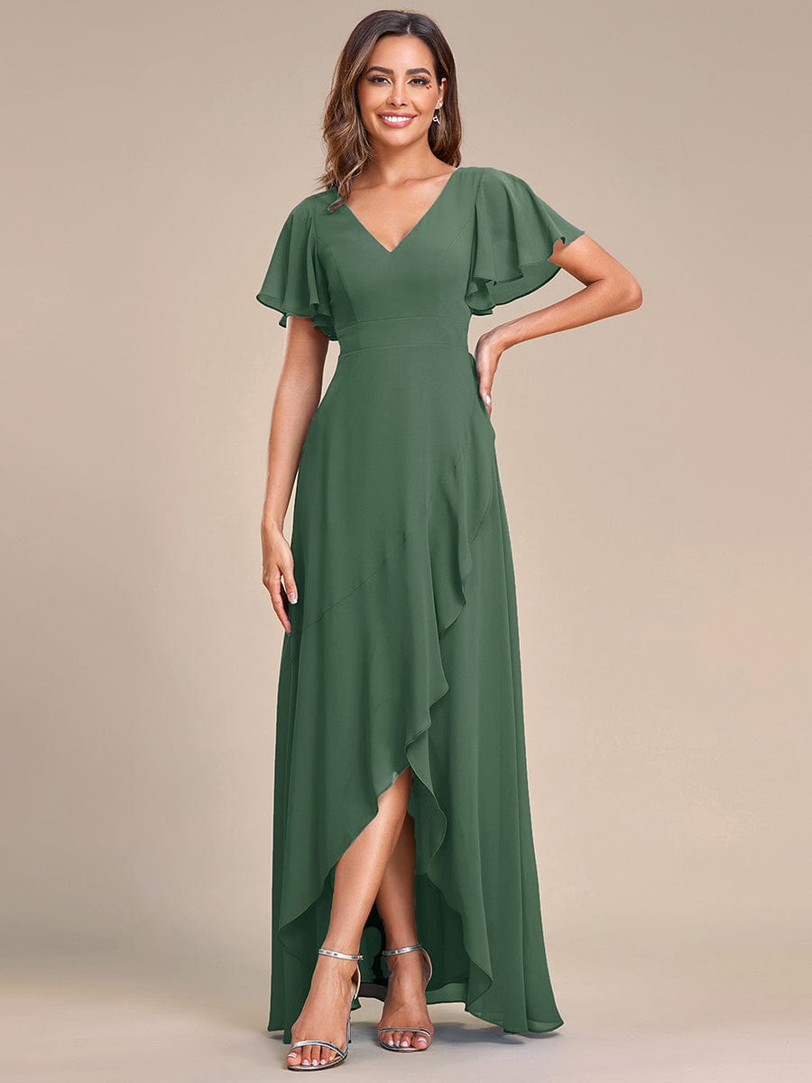 A-Line Ruffles Short Sleeves V-Neck Chiffon Bridesmaid Dress