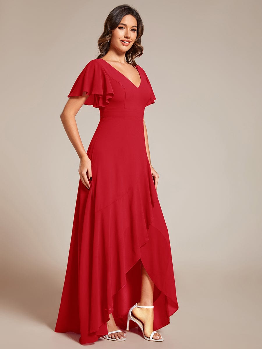 A-Line Ruffles Short Sleeves V-Neck Chiffon Bridesmaid Dress