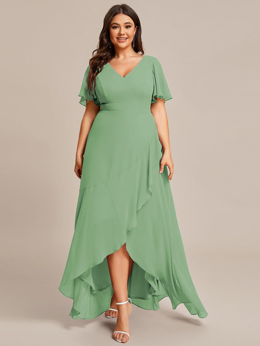 A-Line Ruffles Short Sleeves V-Neck Chiffon Bridesmaid Dress
