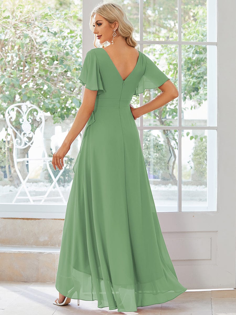 A-Line Ruffles Short Sleeves V-Neck Chiffon Bridesmaid Dress