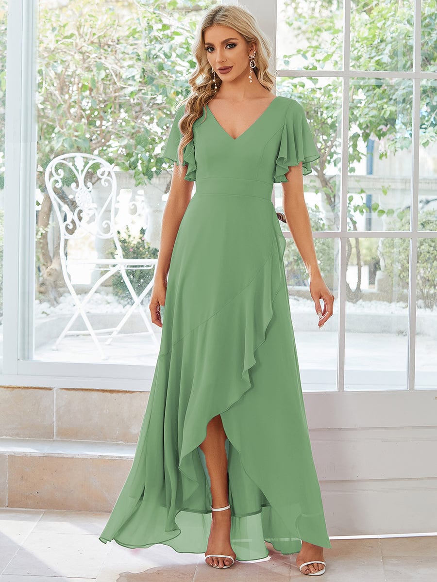 A-Line Ruffles Short Sleeves V-Neck Chiffon Bridesmaid Dress