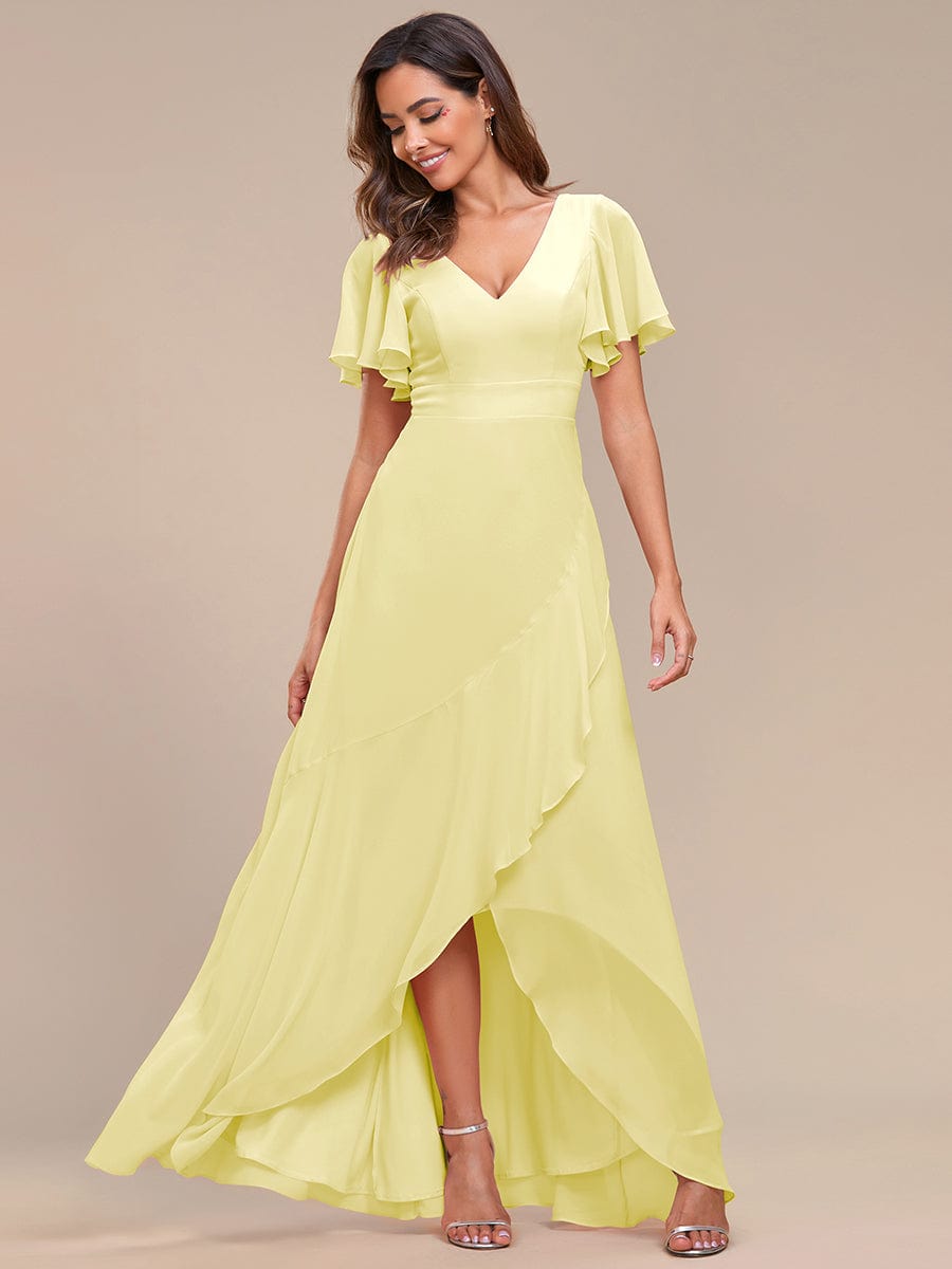 A-Line Ruffles Short Sleeves V-Neck Chiffon Bridesmaid Dress