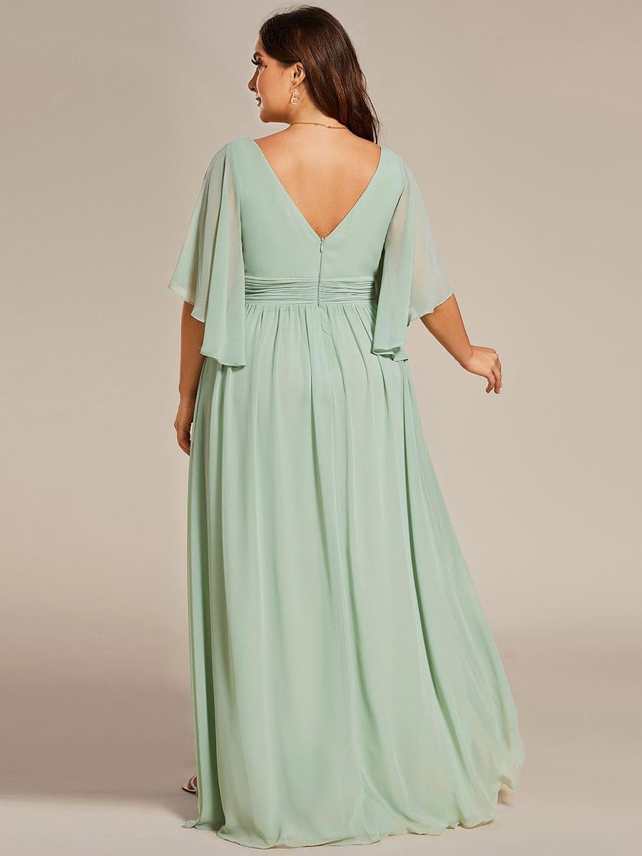 A-Line Half Sleeves V-Neck Pleated High Slit Chiffon Bridesmaid Dress