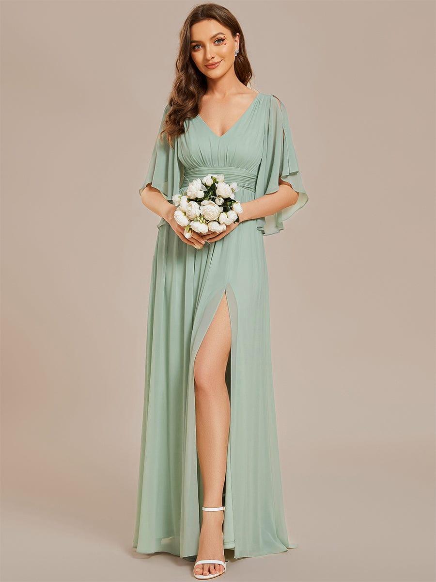 A-Line Half Sleeves V-Neck Pleated High Slit Chiffon Bridesmaid Dress