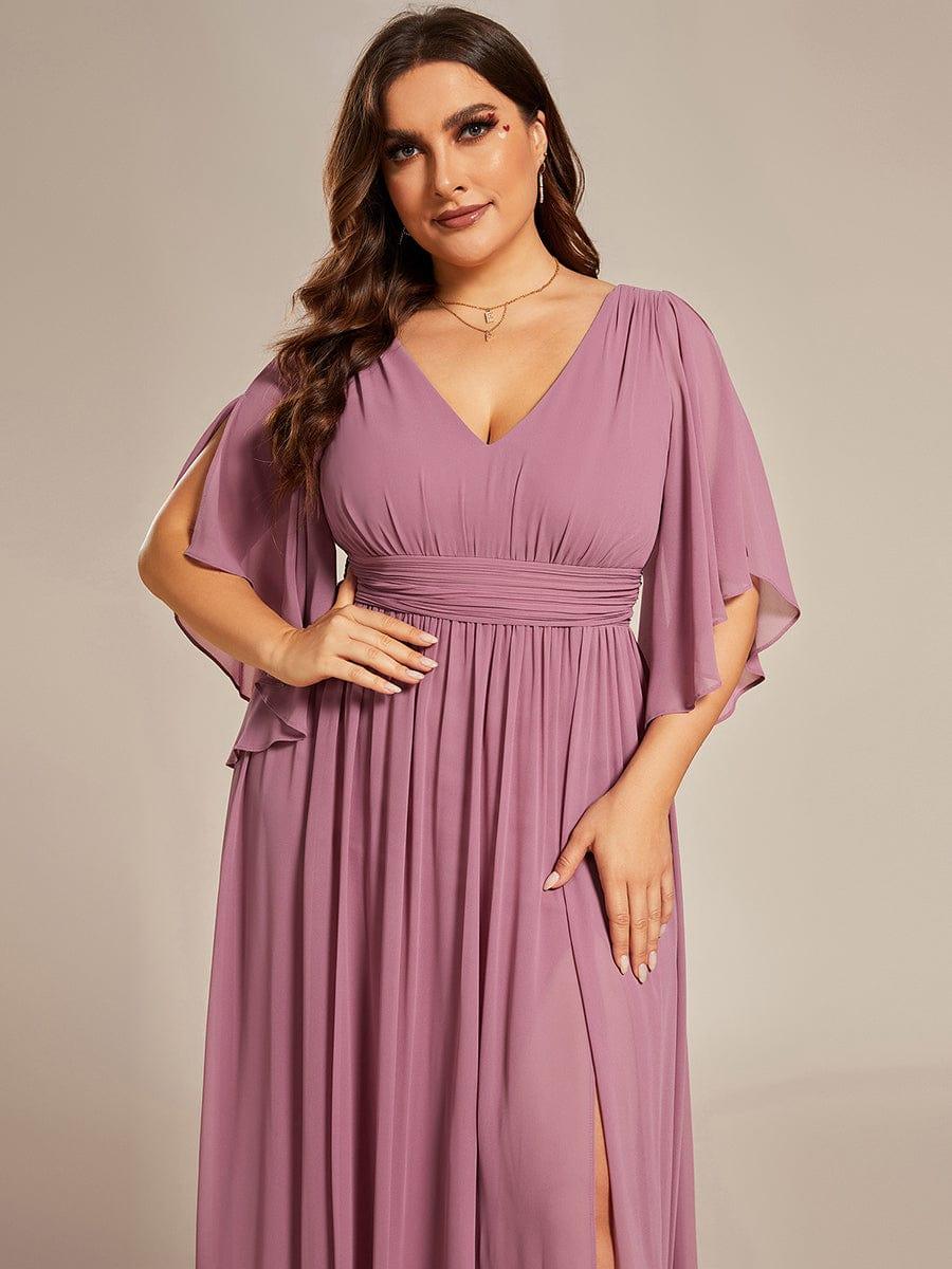A-Line Half Sleeves V-Neck Pleated High Slit Chiffon Bridesmaid Dress