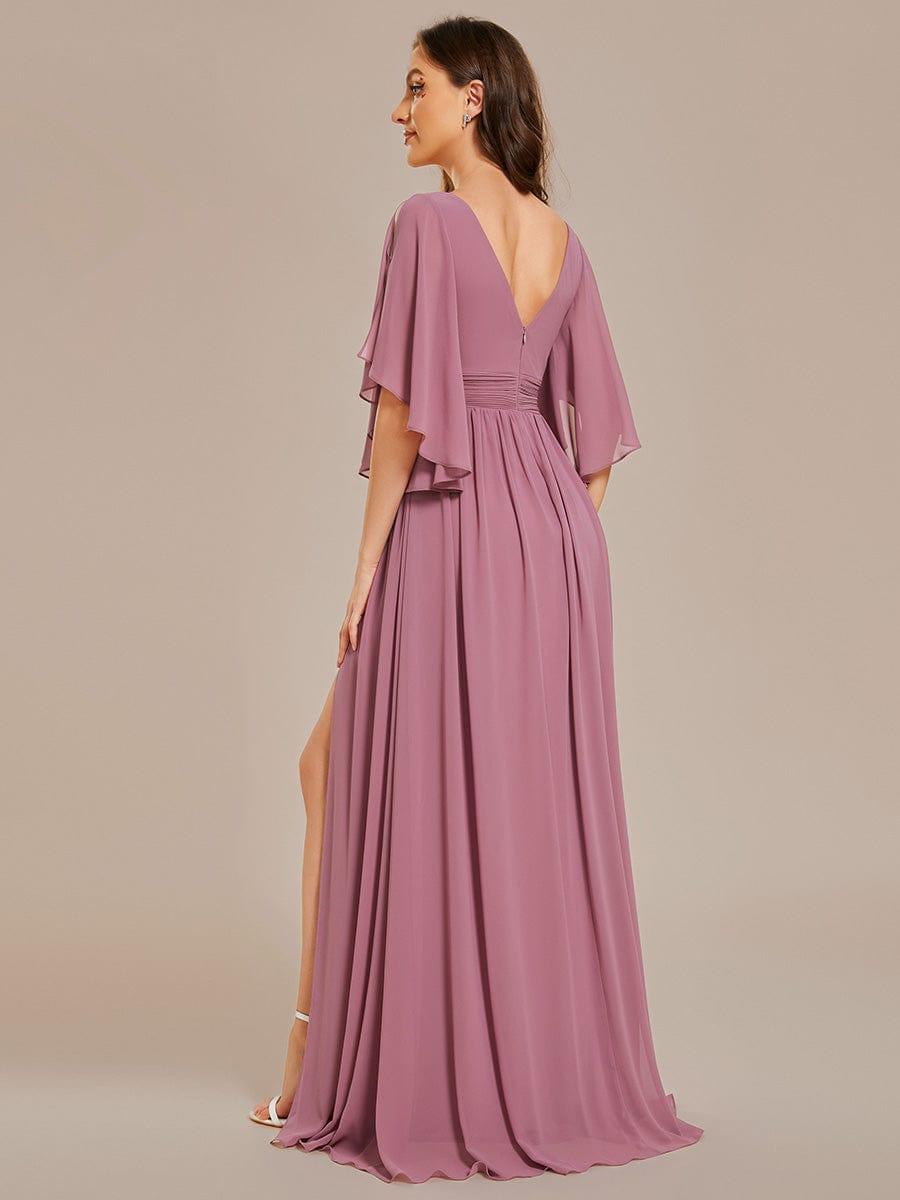 A-Line Half Sleeves V-Neck Pleated High Slit Chiffon Bridesmaid Dress