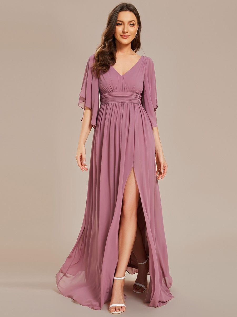 A-Line Half Sleeves V-Neck Pleated High Slit Chiffon Bridesmaid Dress