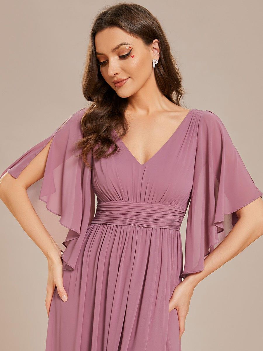 A-Line Half Sleeves V-Neck Pleated High Slit Chiffon Bridesmaid Dress