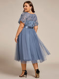 A-Line Plus Size Scoop Neck Tulle Midi Junior Bridesmaid Dress with Appliques