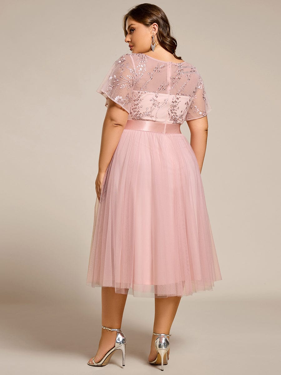 A-Line Plus Size Scoop Neck Tulle Midi Junior Bridesmaid Dress with Appliques