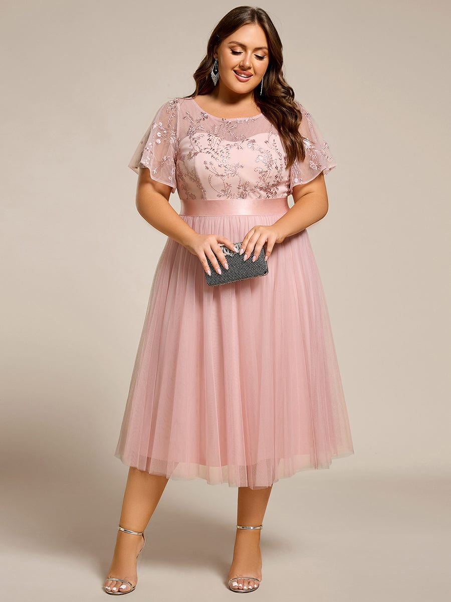 A-Line Plus Size Scoop Neck Tulle Midi Junior Bridesmaid Dress with Appliques