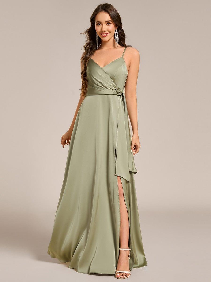 A-Line V-Neck Spaghetti Straps Pleats Satin Bridesmaid Dress with Slit