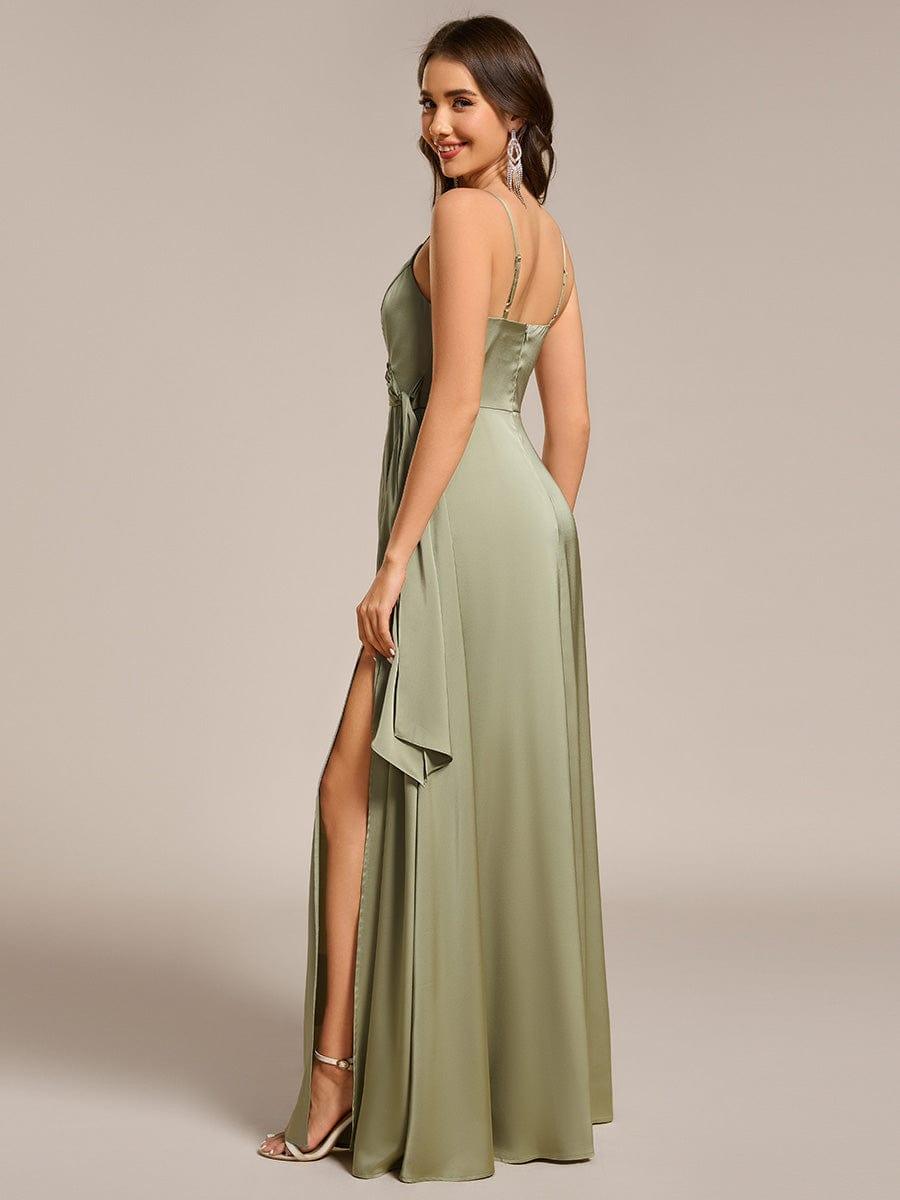 A-Line V-Neck Spaghetti Straps Pleats Satin Bridesmaid Dress with Slit