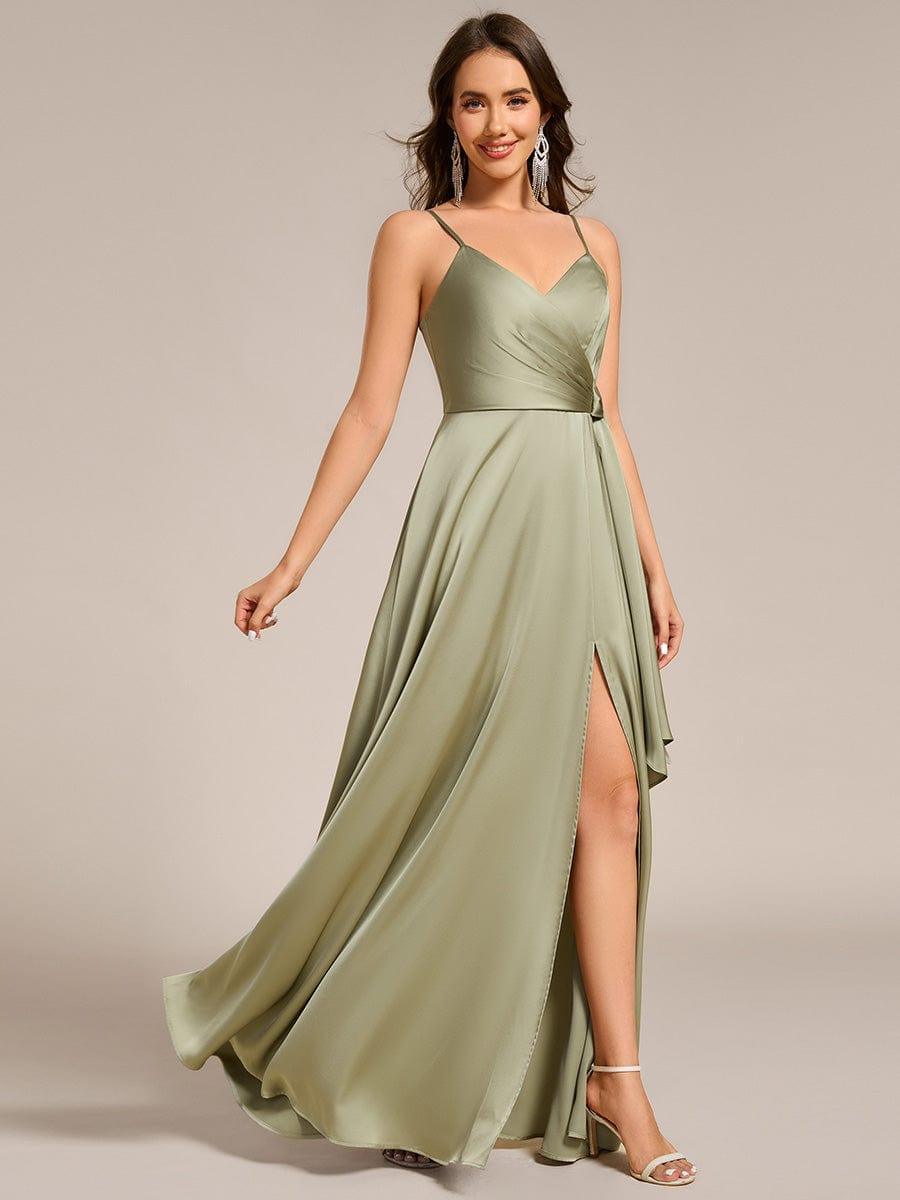 A-Line V-Neck Spaghetti Straps Pleats Satin Bridesmaid Dress with Slit