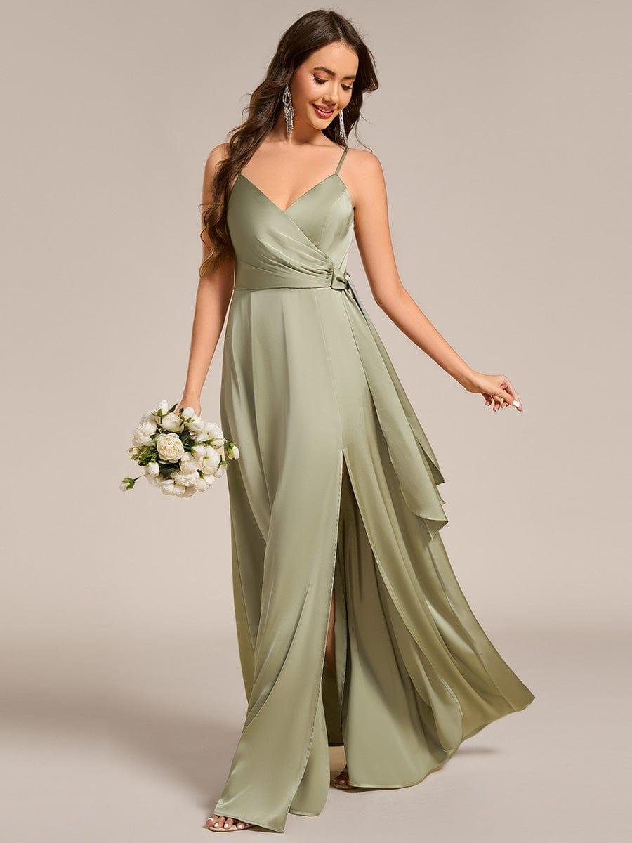 A-Line V-Neck Spaghetti Straps Pleats Satin Bridesmaid Dress with Slit