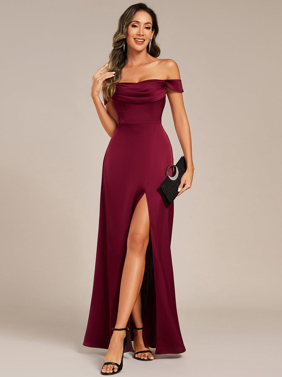 Off Shoulder Sheath Short Sleeve Split Satin Bridesmaid Dress with Back-Tie