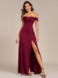 Off Shoulder Sheath Short Sleeve Split Satin Bridesmaid Dress with Back-Tie