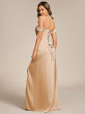 Off Shoulder Sheath Short Sleeve Split Satin Bridesmaid Dress with Back-Tie