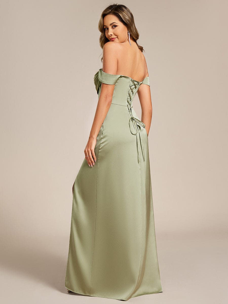 Off Shoulder Sheath Short Sleeve Split Satin Bridesmaid Dress with Back-Tie