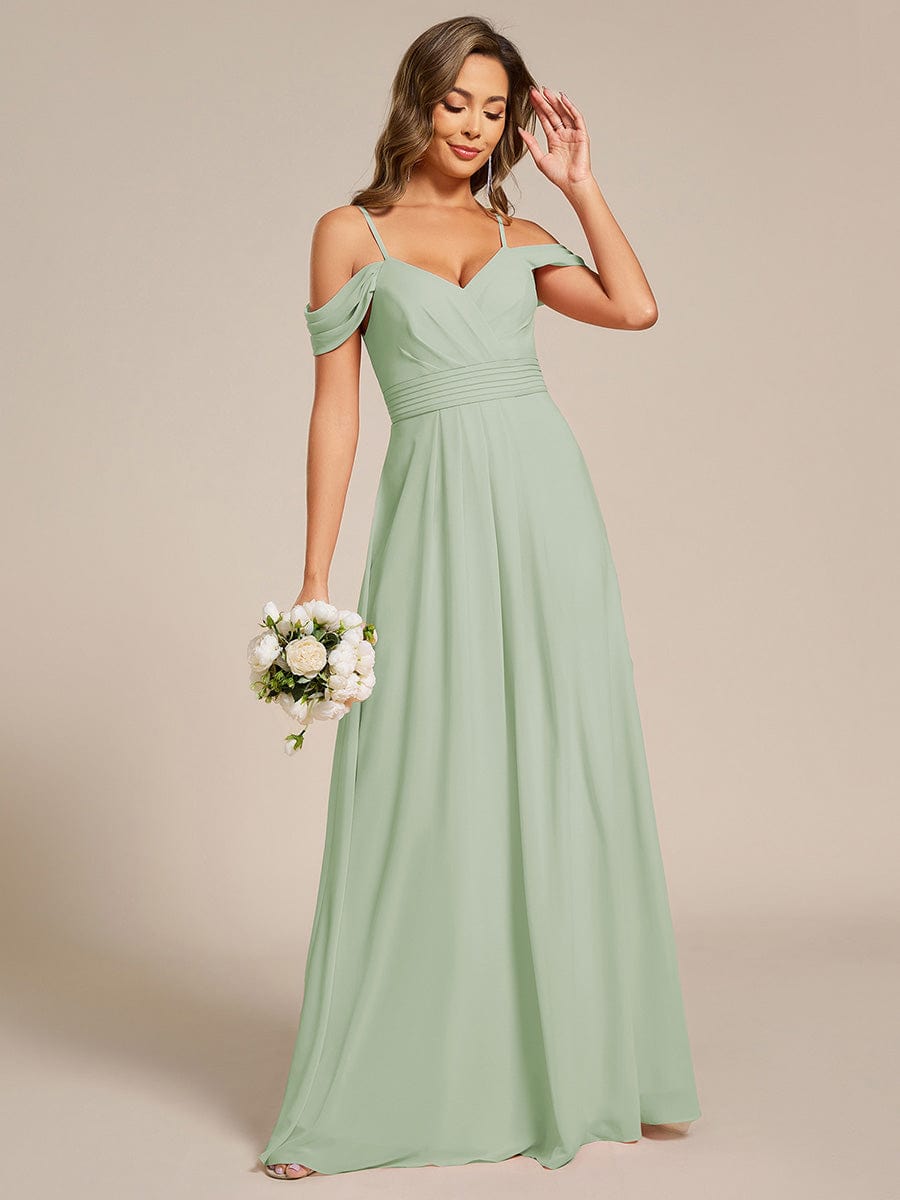 A-Line Spaghetti Strap Empire-Waist V-Neck Pleated Long Bridesmaid Dress