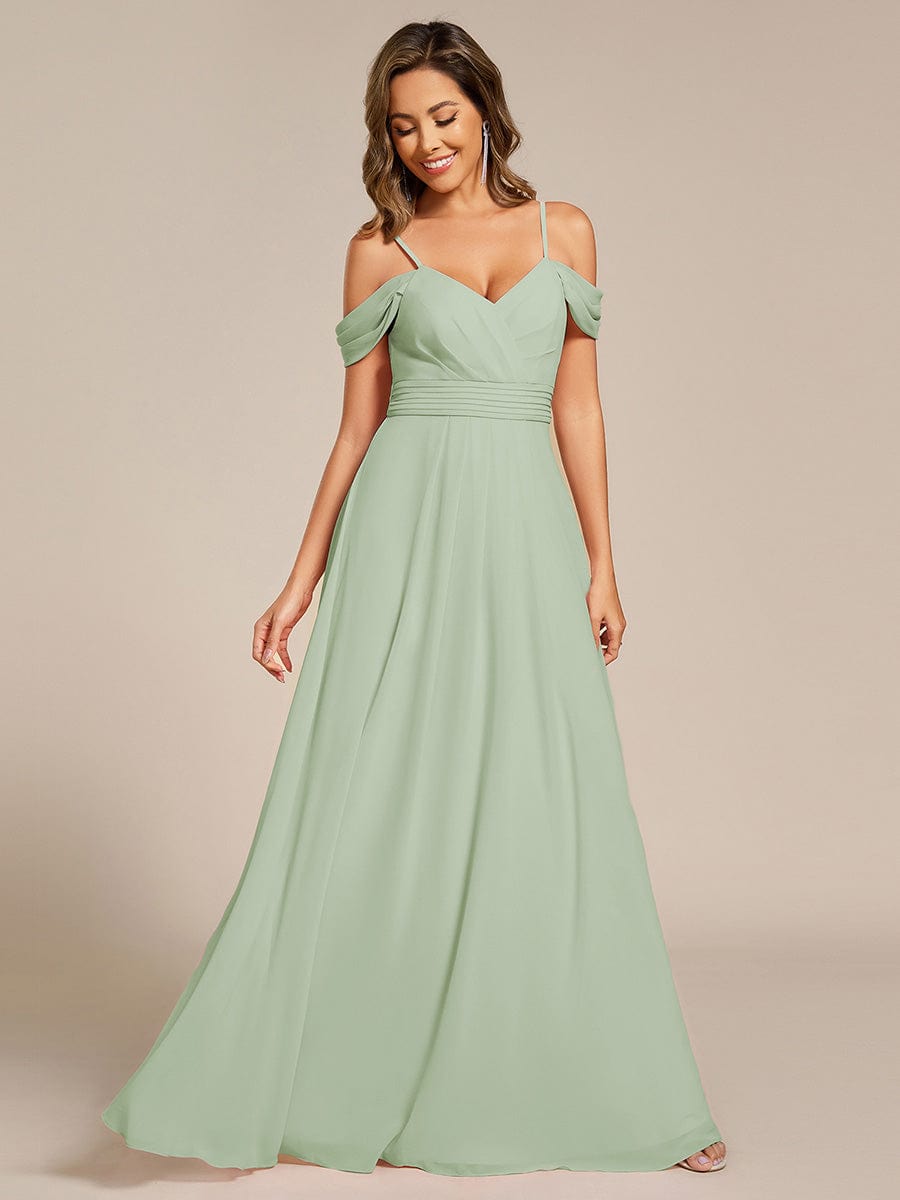 A-Line Spaghetti Strap Empire-Waist V-Neck Pleated Long Bridesmaid Dress