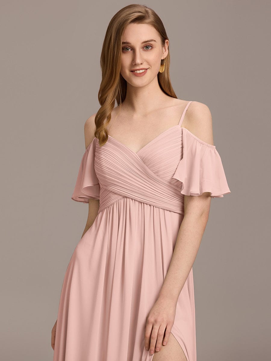 A-Line Off-Shoulder Ruched High Split Chiffon Bridesmaid Dress