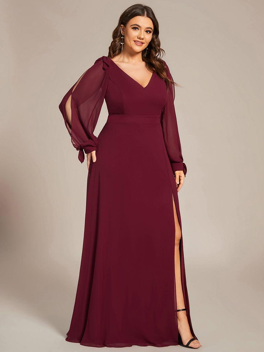 A-Line Plus Size Long Sleeves V-Neck Side Slit Bridesmaid Dress