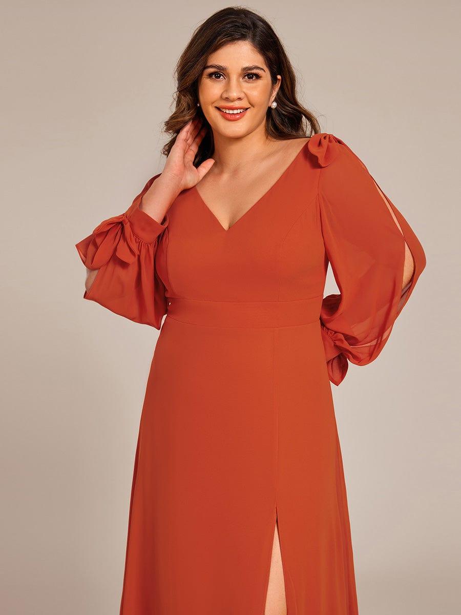 A-Line Plus Size Long Sleeves V-Neck Side Slit Bridesmaid Dress