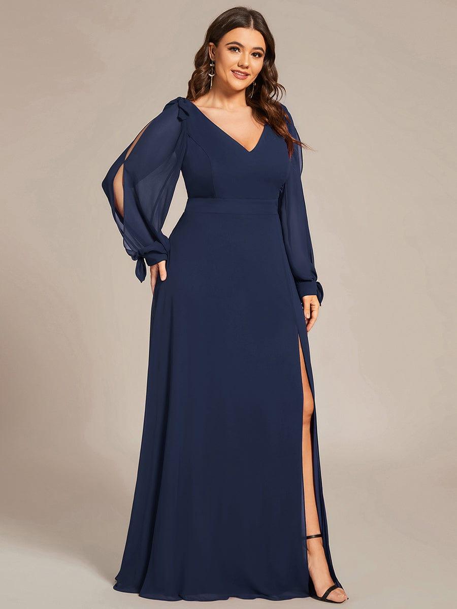 A-Line Plus Size Long Sleeves V-Neck Side Slit Bridesmaid Dress