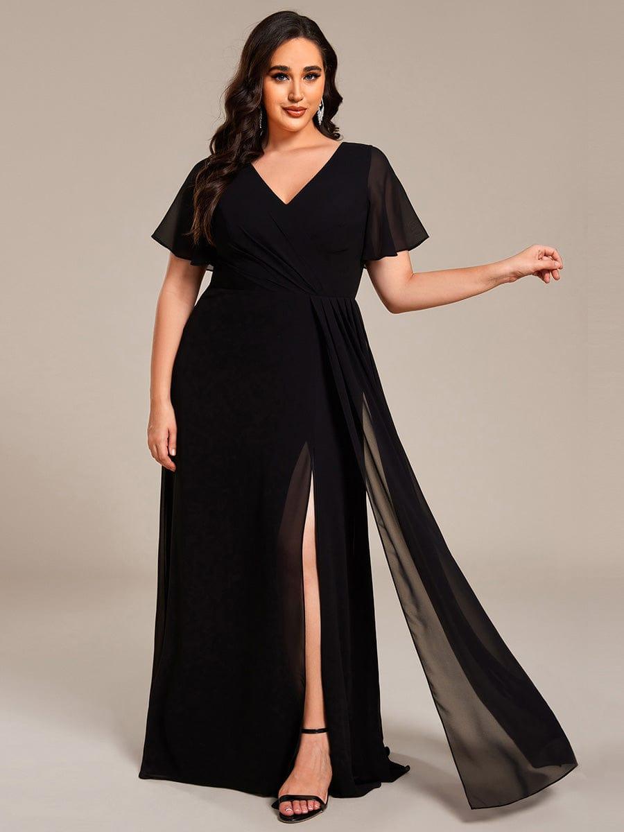 A-Line Short Sleeves V-Neck Empire Waist Chiffon Bridesmaid Dress with Slit