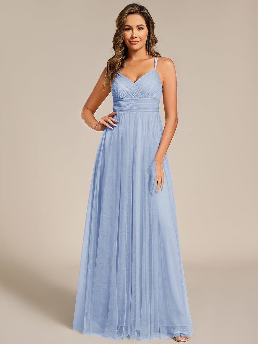 A-Line V-Neck Tulle Spaghetti Straps Sleeveless Bridesmaid Dress