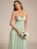 A-Line V-Neck Tulle Spaghetti Straps Sleeveless Bridesmaid Dress