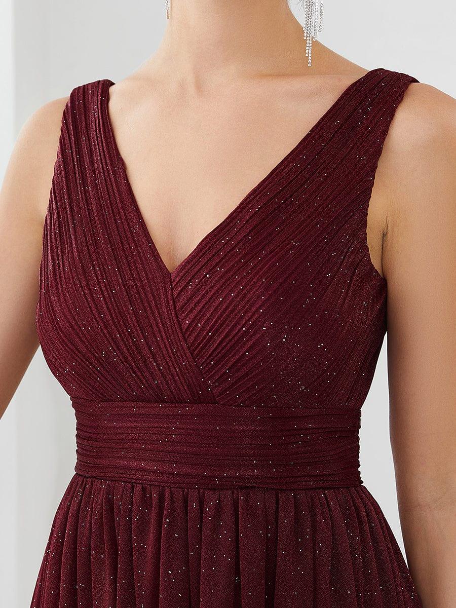 A-Line V-Neck Sleeveelss Floor Length Pleated Sparkly Evening Dresses for Party