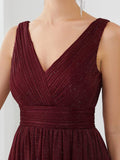 A-Line V-Neck Sleeveelss Floor Length Pleated Sparkly Evening Dresses for Party