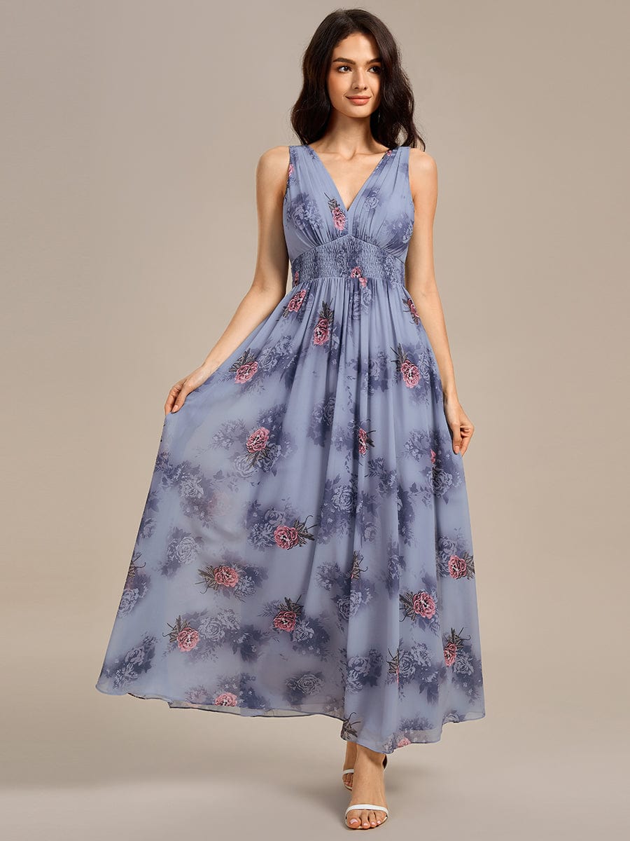 A-Line Empire-Waist V-Neck Sleeveless Floral Chiffon Formal Dress