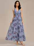 A-Line Empire-Waist V-Neck Sleeveless Floral Chiffon Formal Dress
