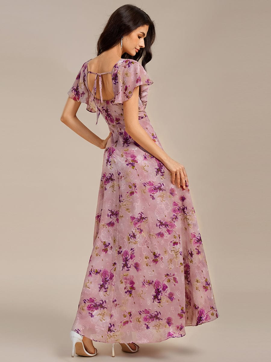 A-Line Floral Print Short Sleeve Side Split Maxi Formal Dress