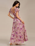 A-Line Floral Print Short Sleeve Side Split Maxi Formal Dress