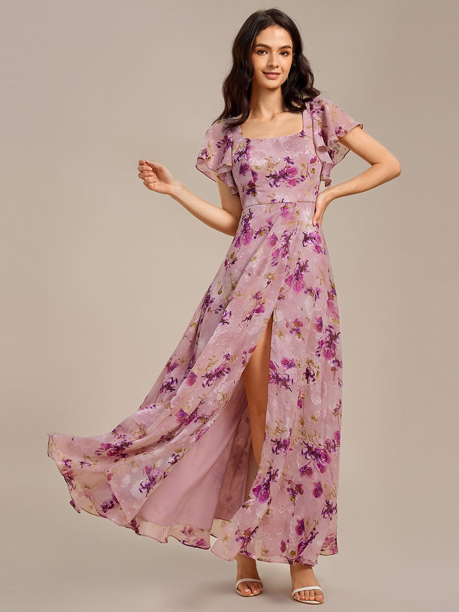 A-Line Floral Print Short Sleeve Side Split Maxi Formal Dress