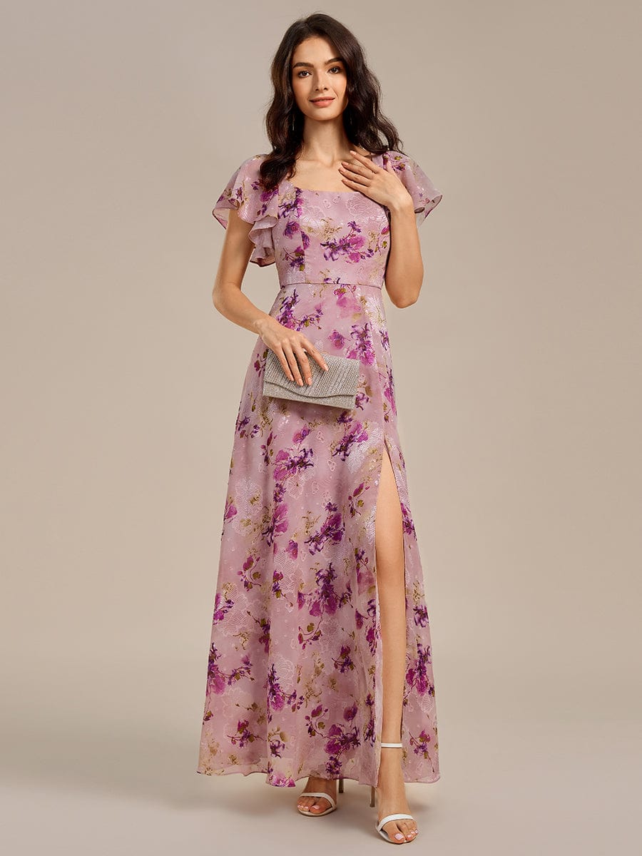 A-Line Floral Print Short Sleeve Side Split Maxi Formal Dress