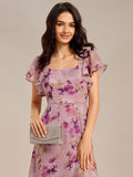 A-Line Floral Print Short Sleeve Side Split Maxi Formal Dress