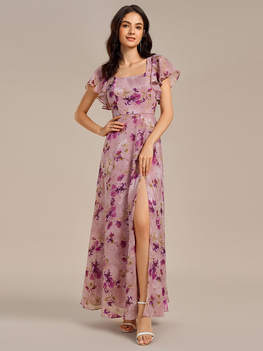 A-Line Floral Print Short Sleeve Side Split Maxi Formal Dress