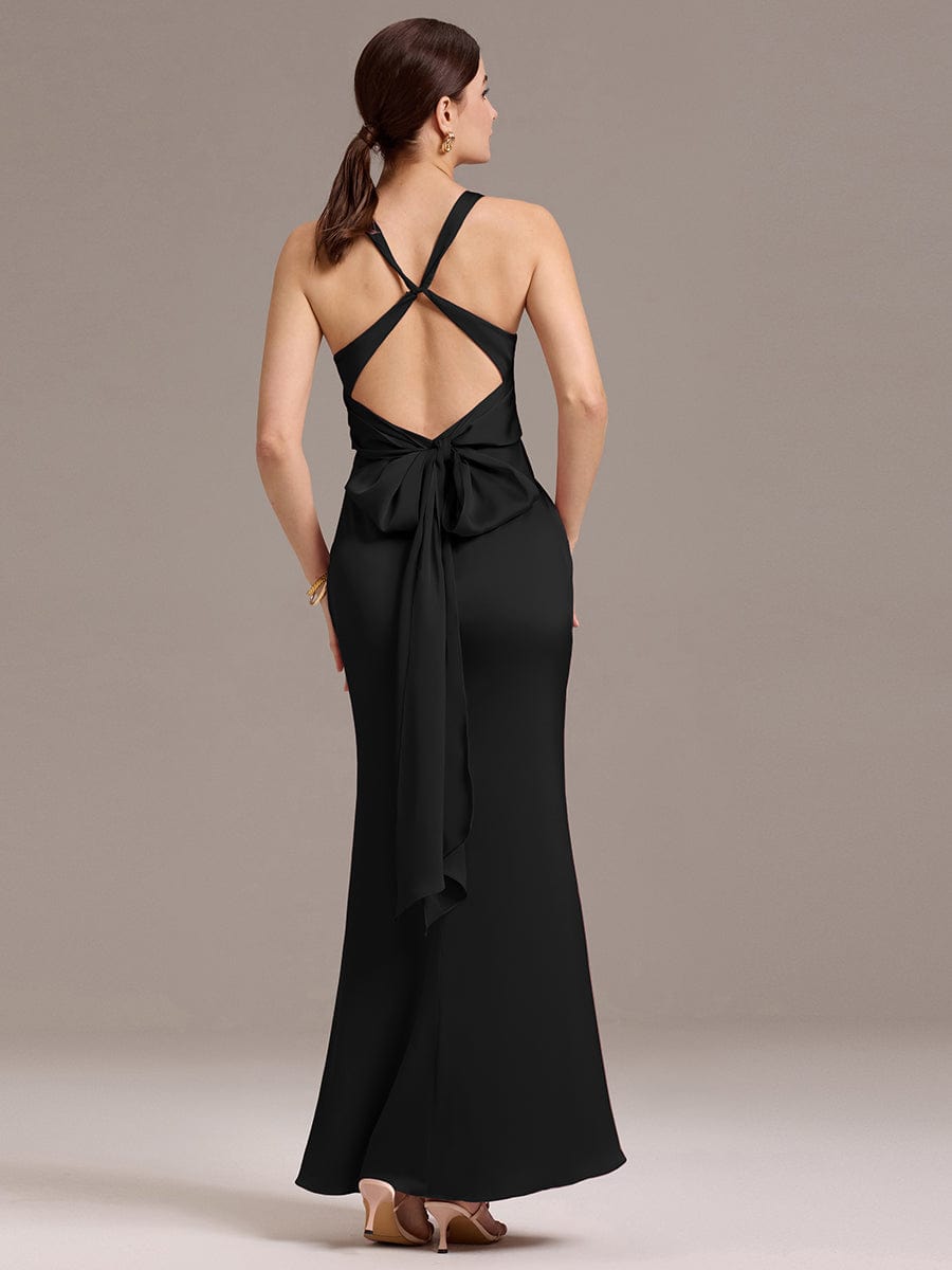Elegant Bow Back Straps V-Neck Satin Mermaid Bridesmaid Dress