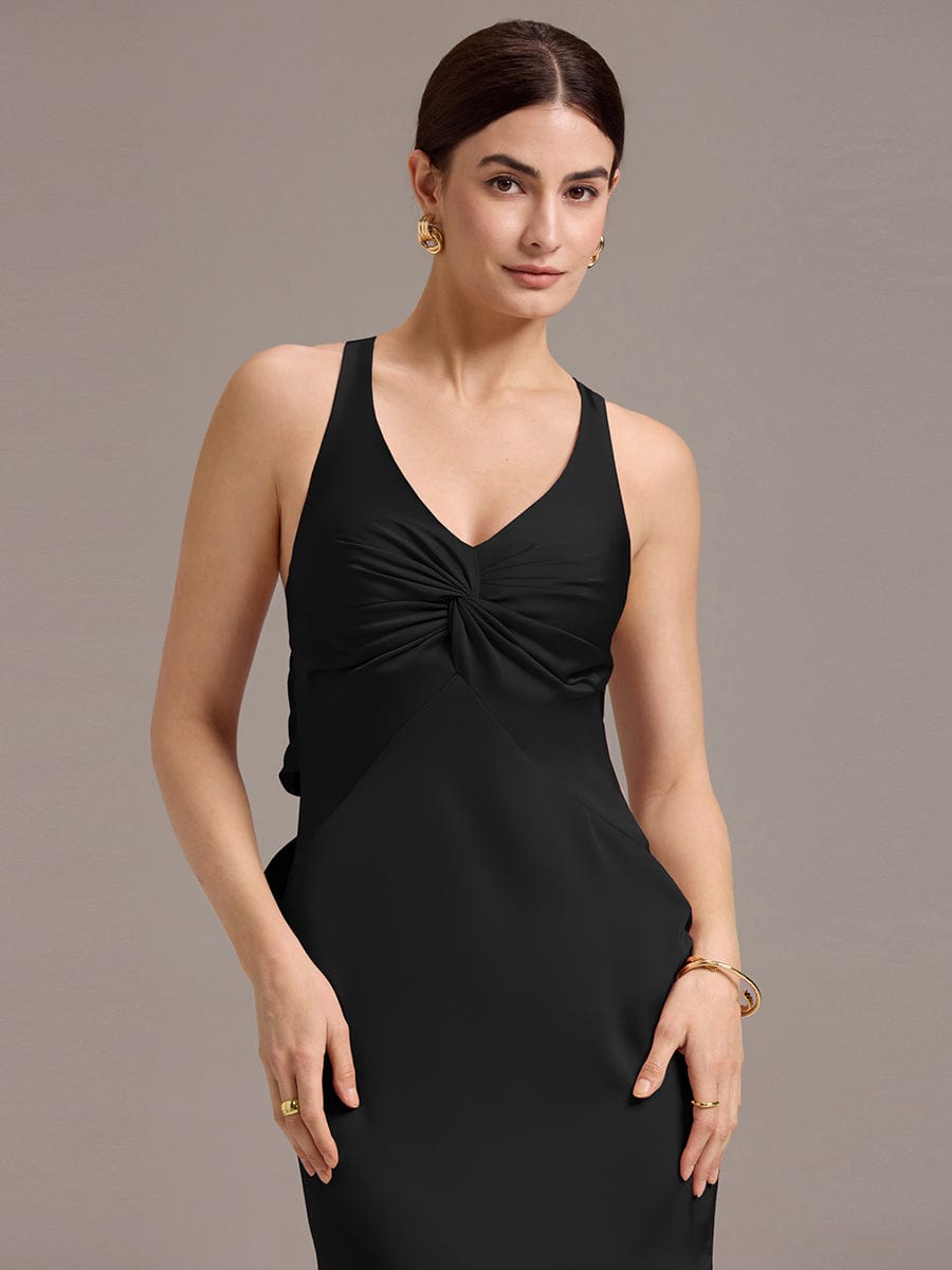 Elegant Bow Back Straps V-Neck Satin Mermaid Bridesmaid Dress