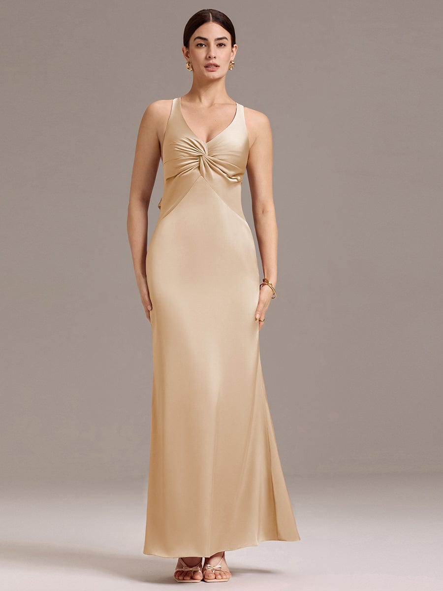 Elegant Bow Back Straps V-Neck Satin Mermaid Bridesmaid Dress