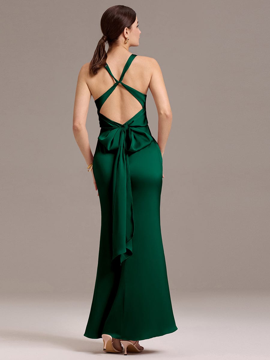 Elegant Bow Back Straps V-Neck Satin Mermaid Bridesmaid Dress