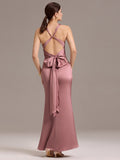 Elegant Bow Back Straps V-Neck Satin Mermaid Bridesmaid Dress